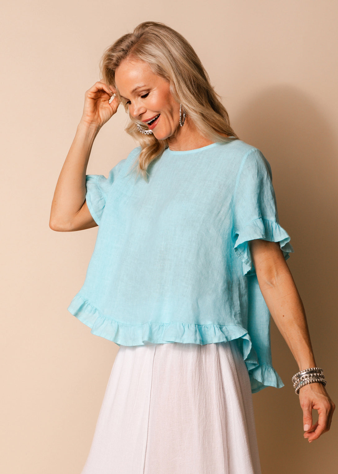 Alessia Linen Top in Aqua Mist