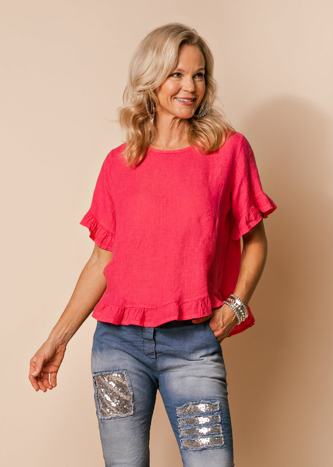 Alessia Linen Top in Raspberry Sorbet