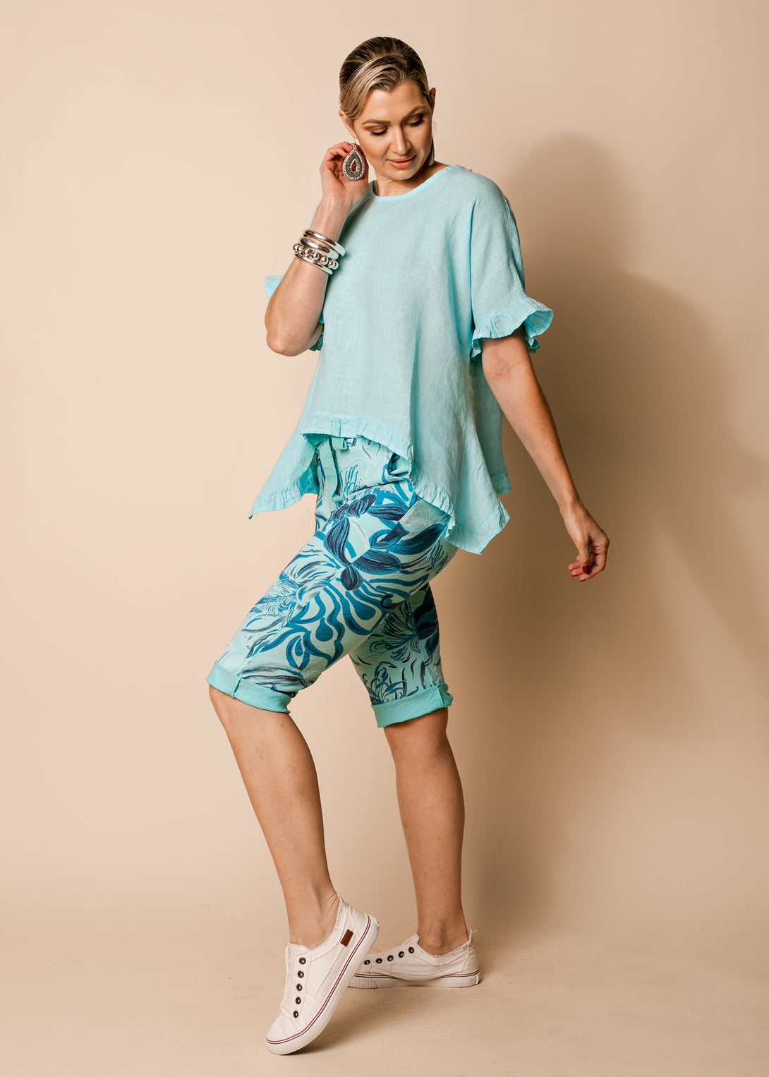 Chiara Linen Top in Aqua Mist - Imagine Fashion