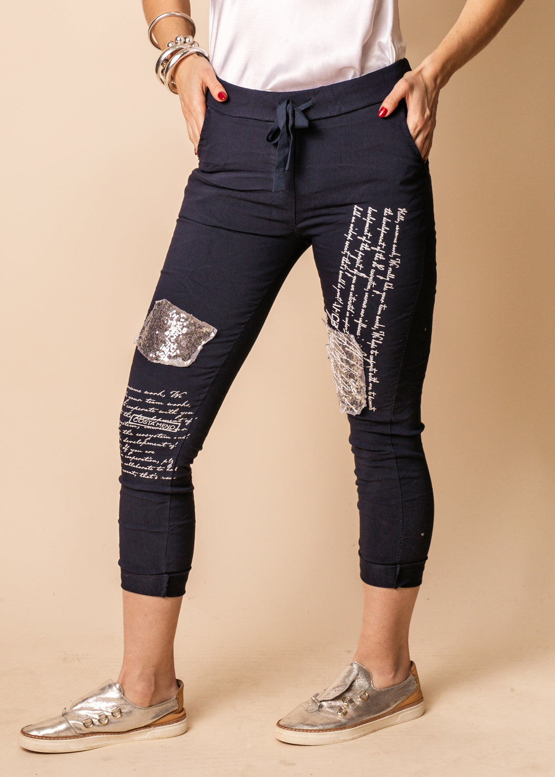 Avery Cotton Blend Pants in Navy - Imagine Fashion