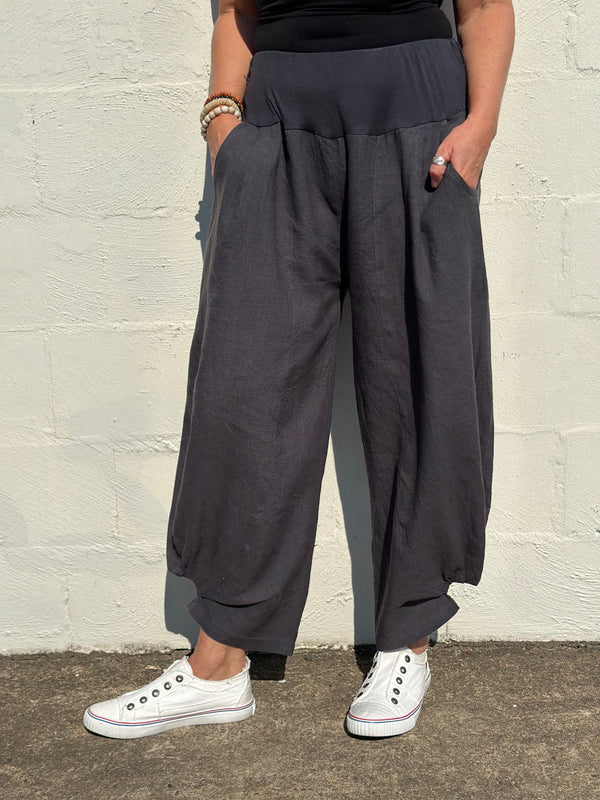 Amaka Linen  Pants Full Length in Granite - Imagine Fashion