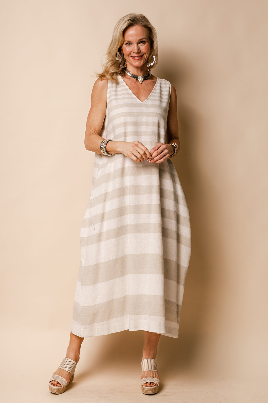 Joplin Linen Blend Dress in Latte - Imagine Fashion