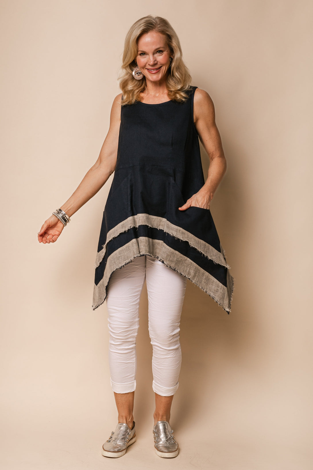 Winnie Linen Blend Top in Navy - Imagine Fashion