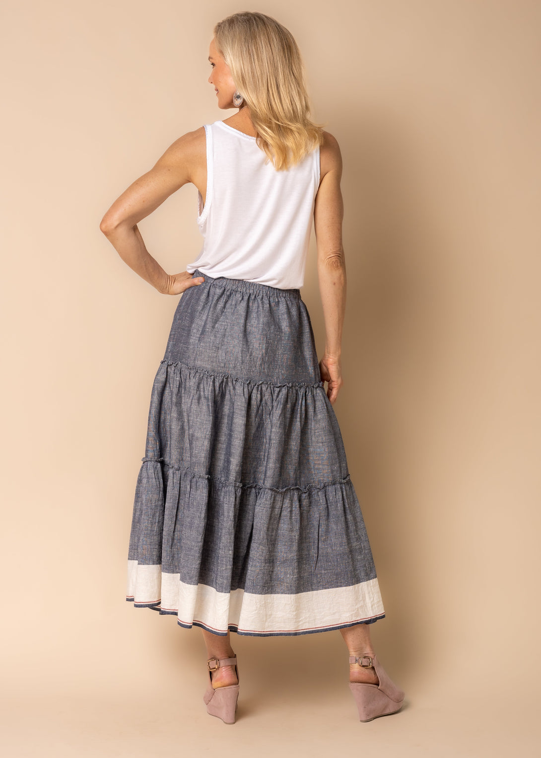 Davina Linen Blend Skirt in Navy