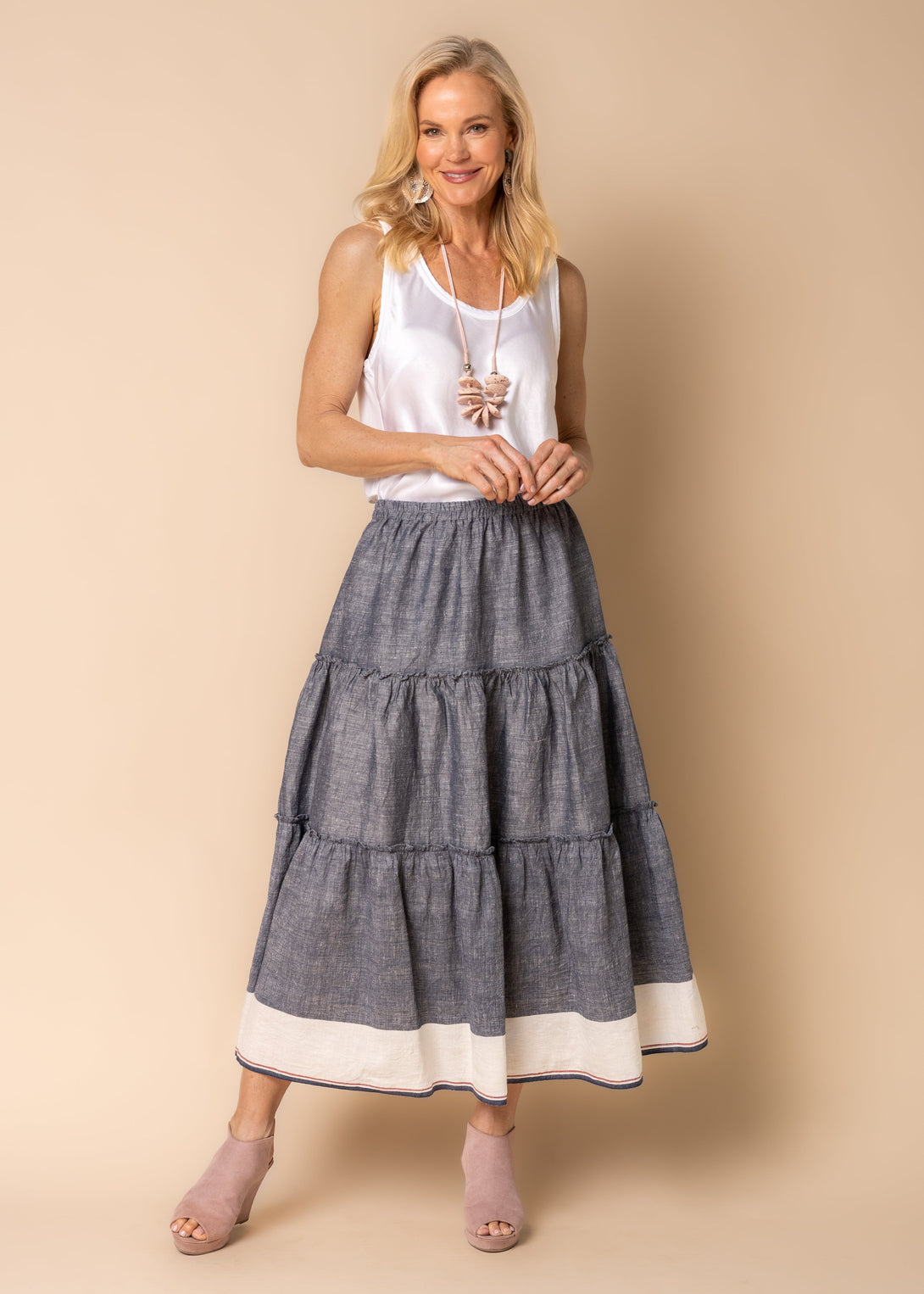 Davina Linen Blend Skirt in Navy