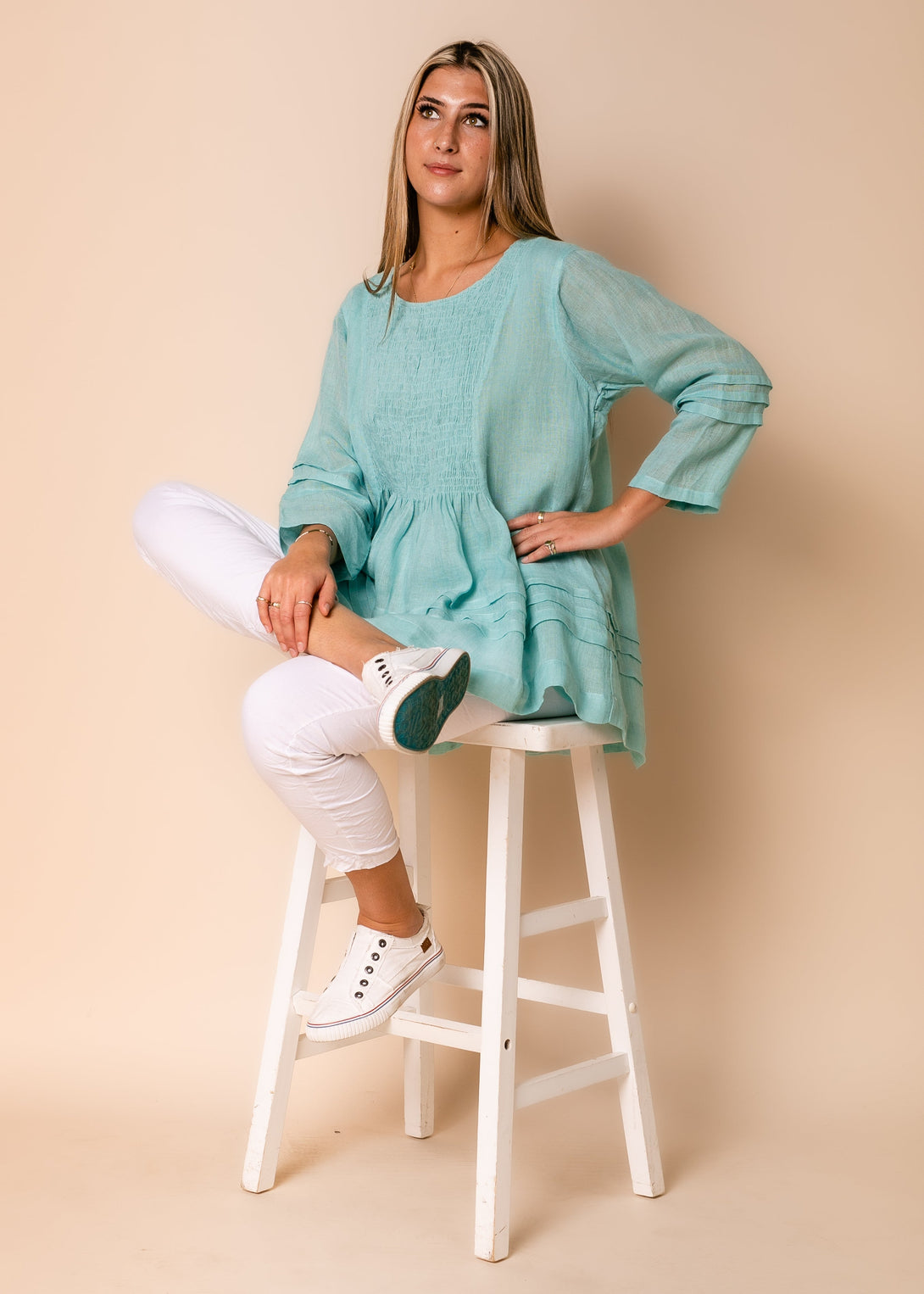 Dolly Linen Top in Aqua Mist