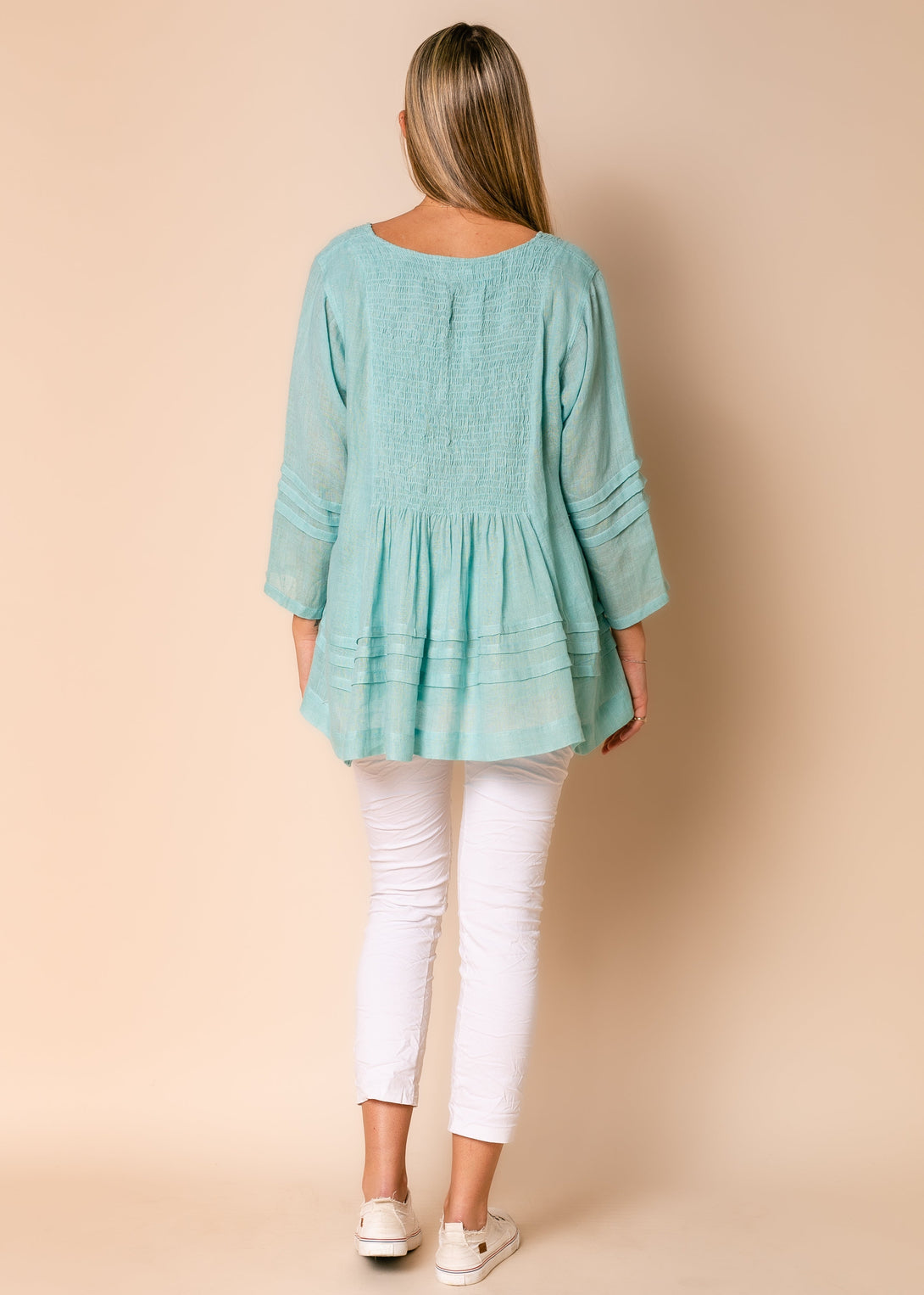 Dolly Linen Top in Aqua Mist