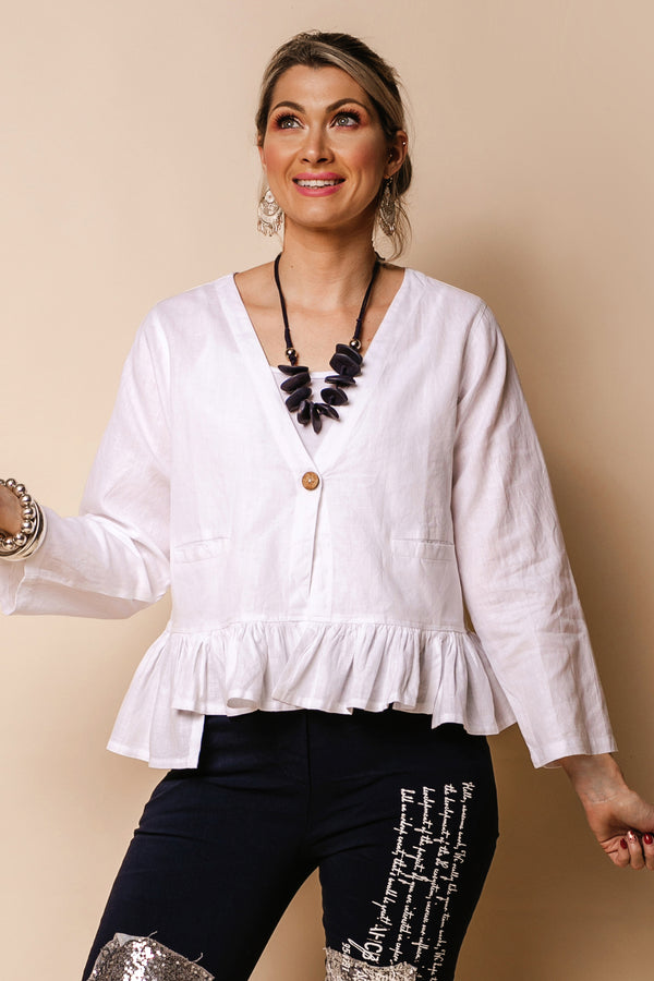 Romy Linen Blend Top in White - Imagine Fashion