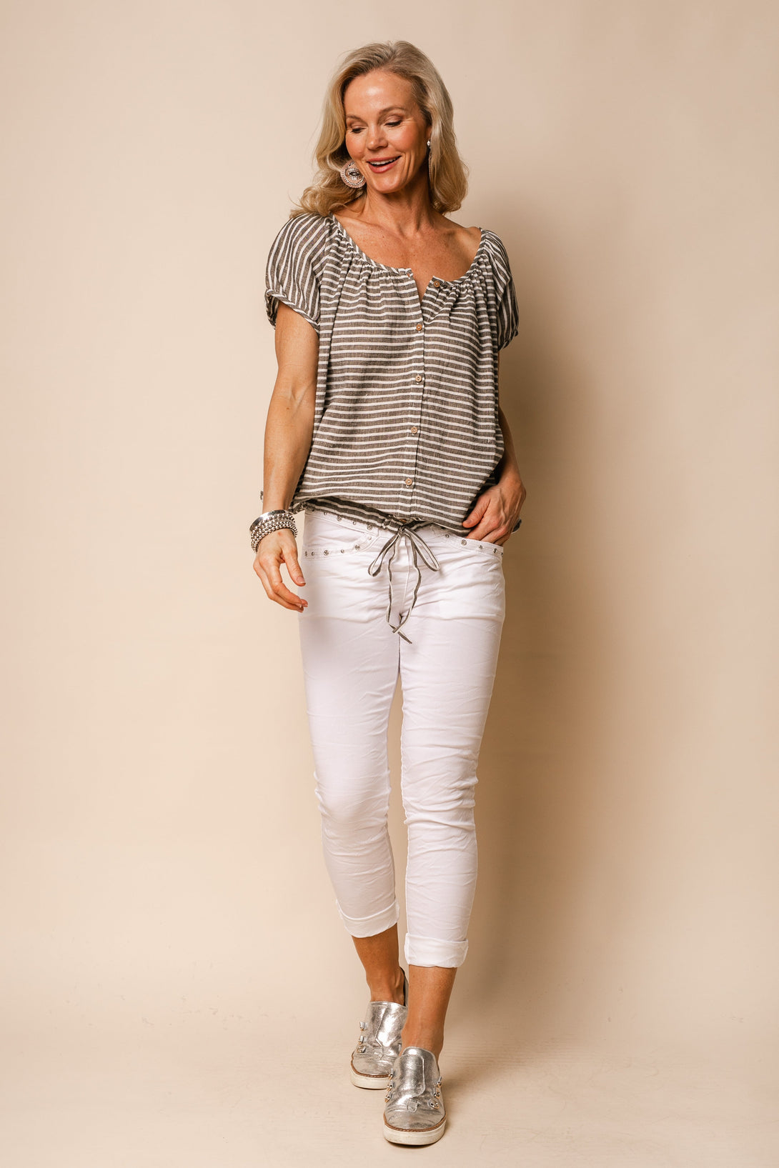 Vienna Linen Blend Top in Khaki - Imagine Fashion