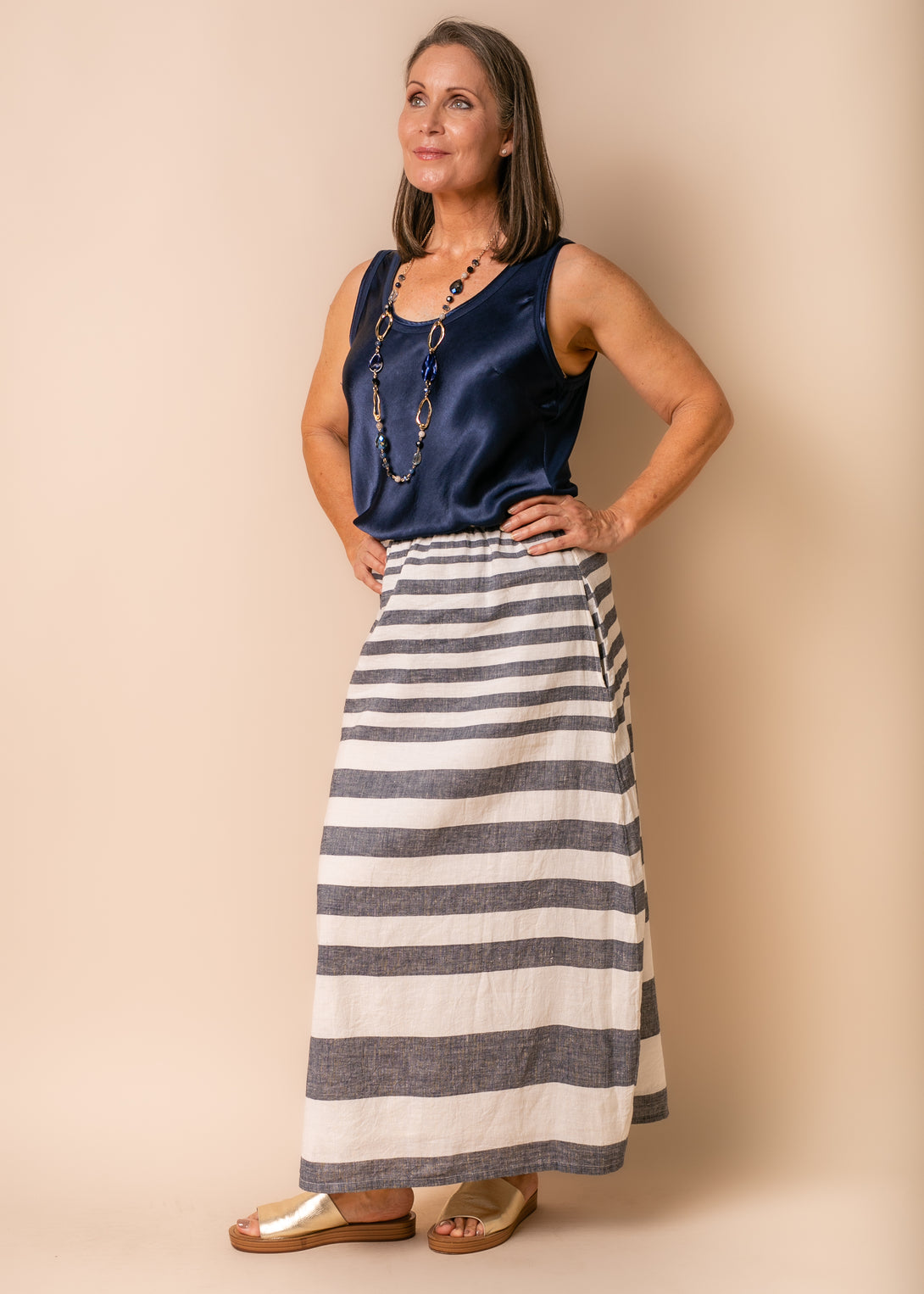 Sinclair Linen Blend Skirt in Navy - Imagine Fashion