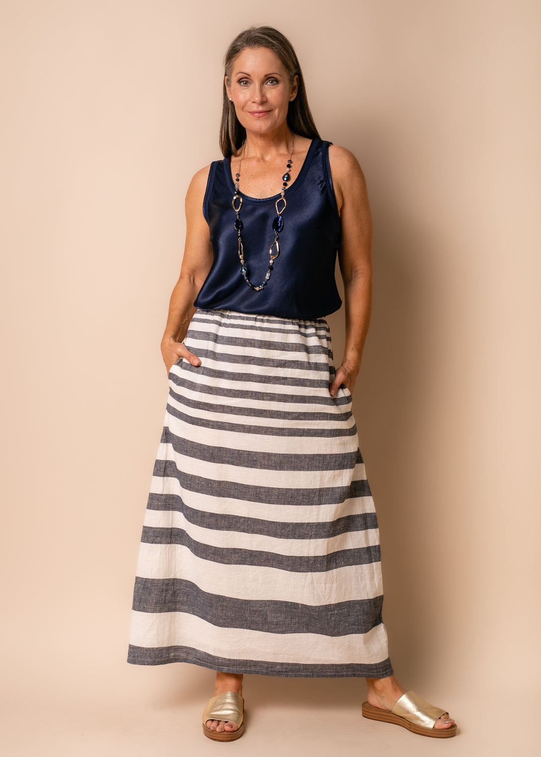 Sinclair Linen Blend Skirt in Navy - Imagine Fashion
