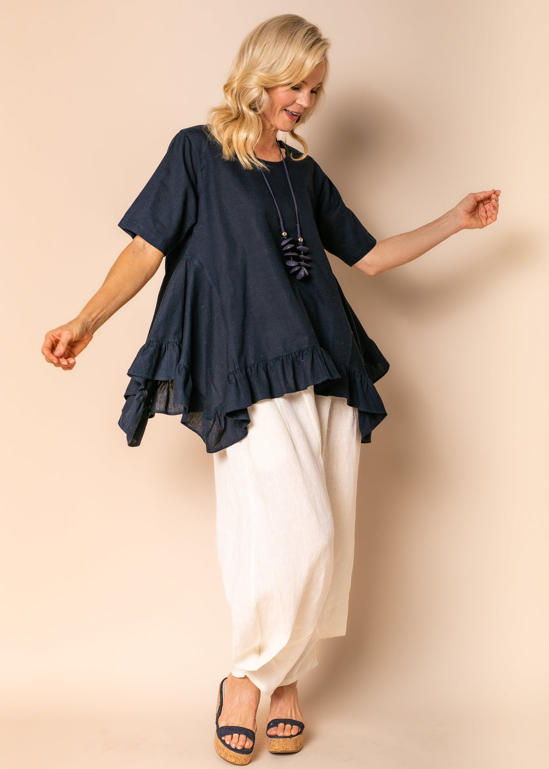 Shiloh Linen Blend Top in Navy - Imagine Fashion