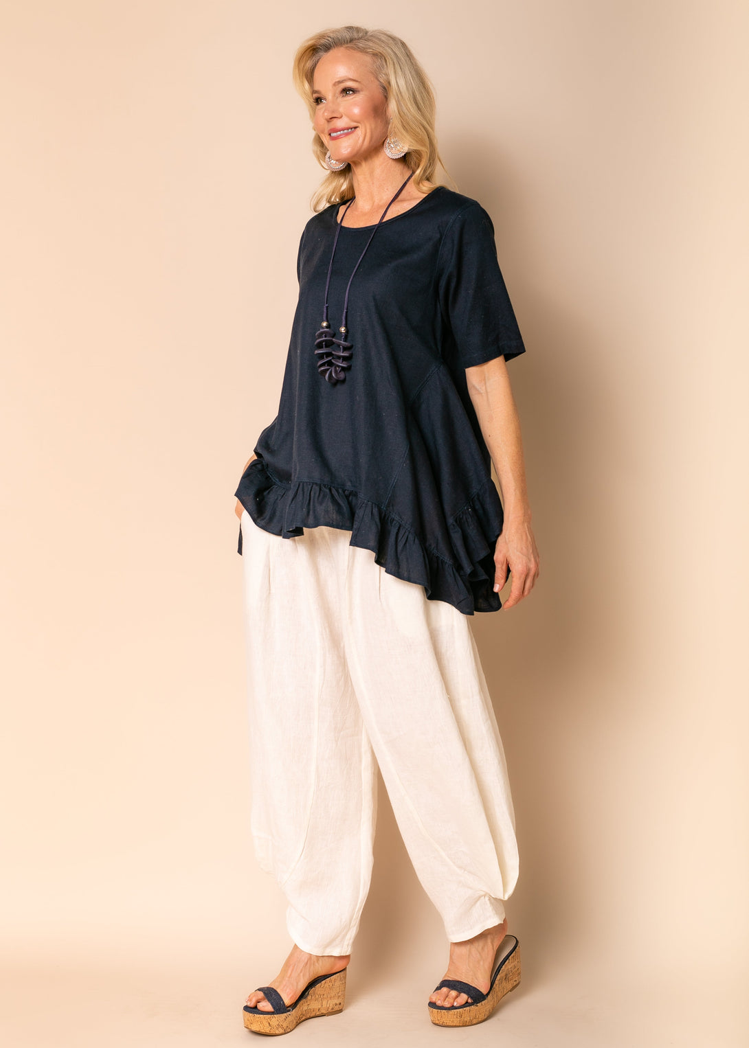 Shiloh Linen Blend Top in Navy - Imagine Fashion