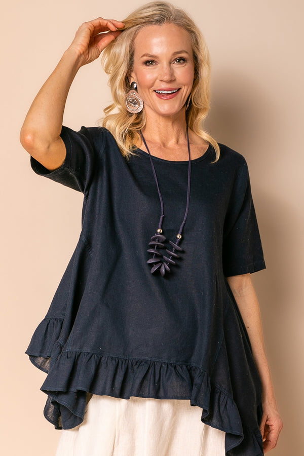 Shiloh Linen Blend Top in Navy - Imagine Fashion