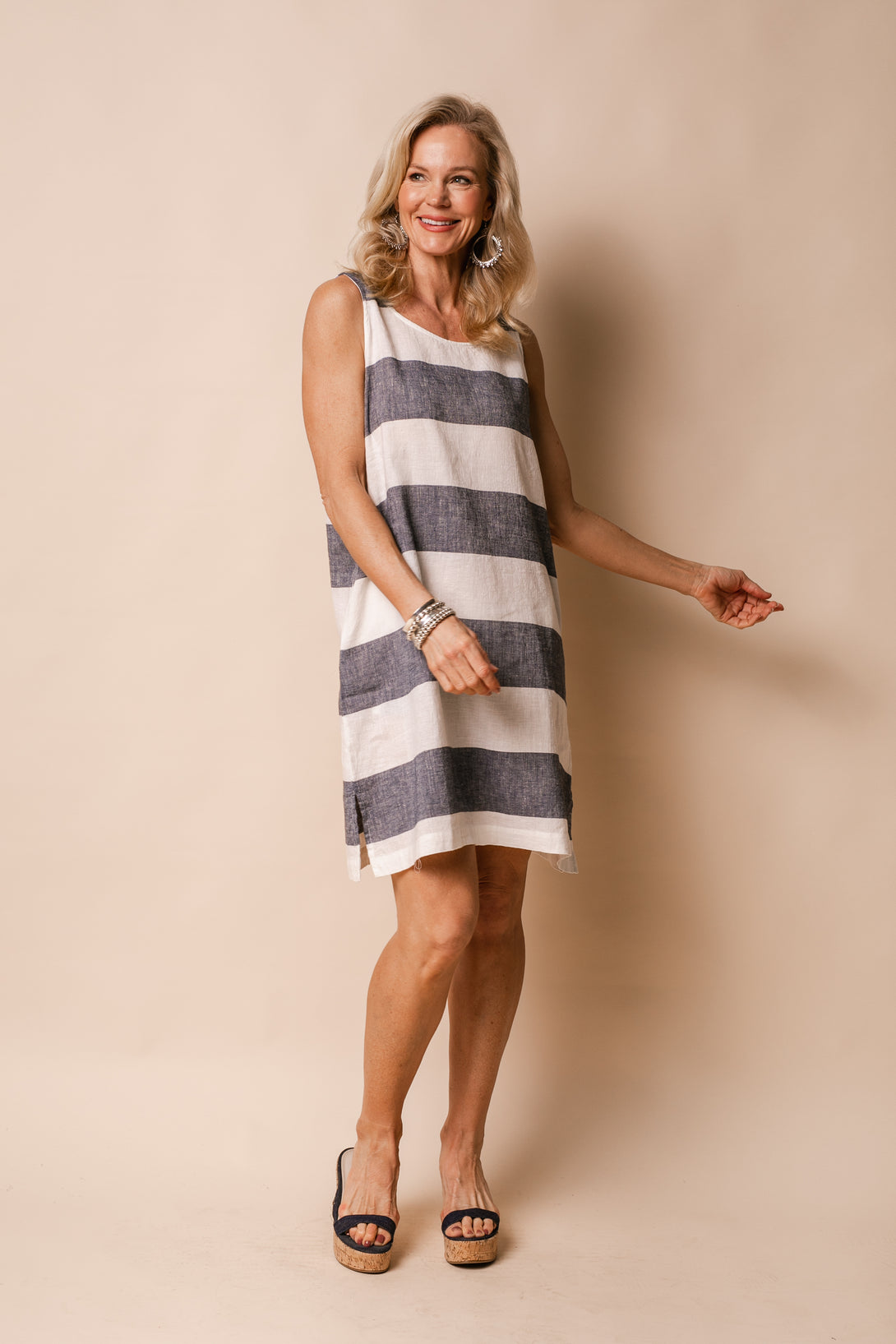 Joelle Linen Blend Dress in Navy - Imagine Fashion