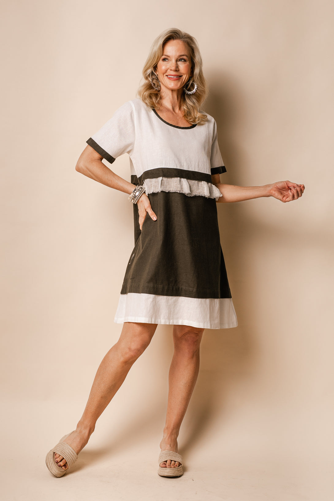Nadia Linen Blend Dress in Khaki - Imagine Fashion