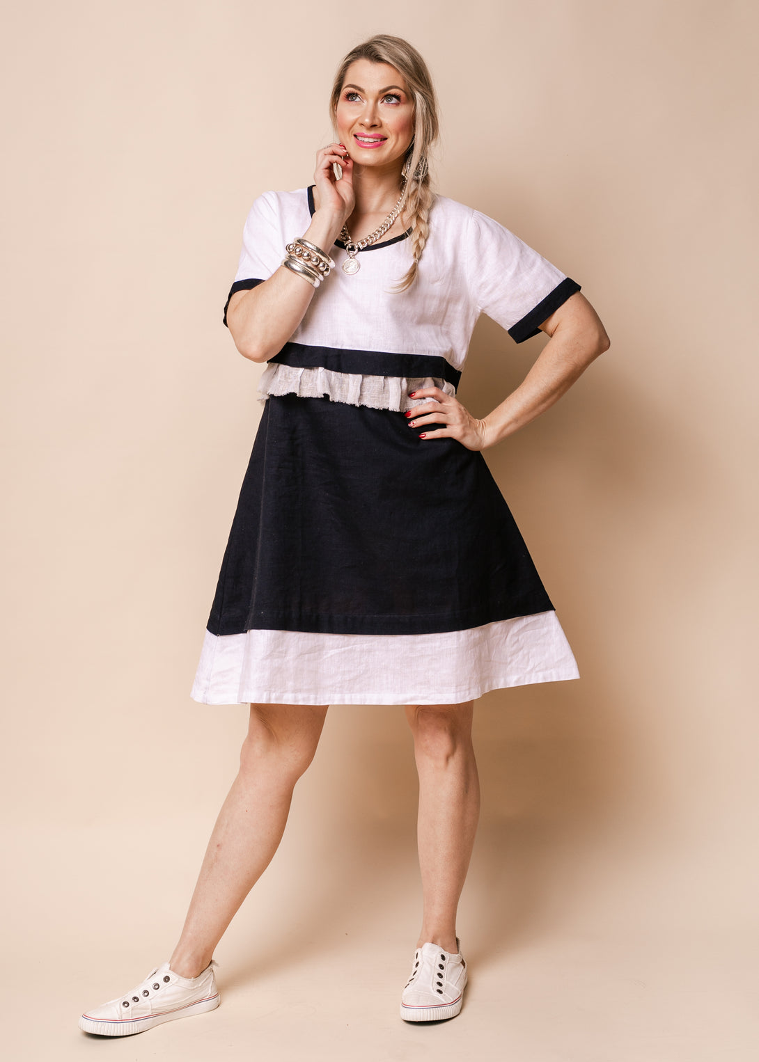 Nadia Linen Blend Dress in Navy - Imagine Fashion