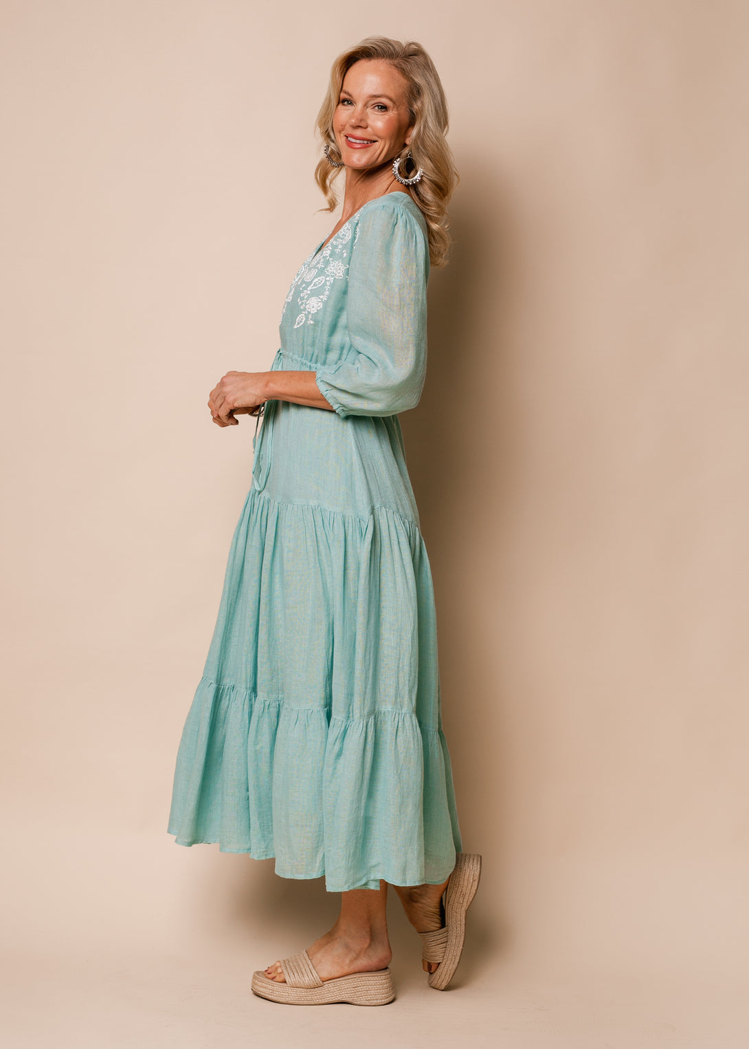 Danica Linen Dress in Aqua Mist - Imagine Fashion