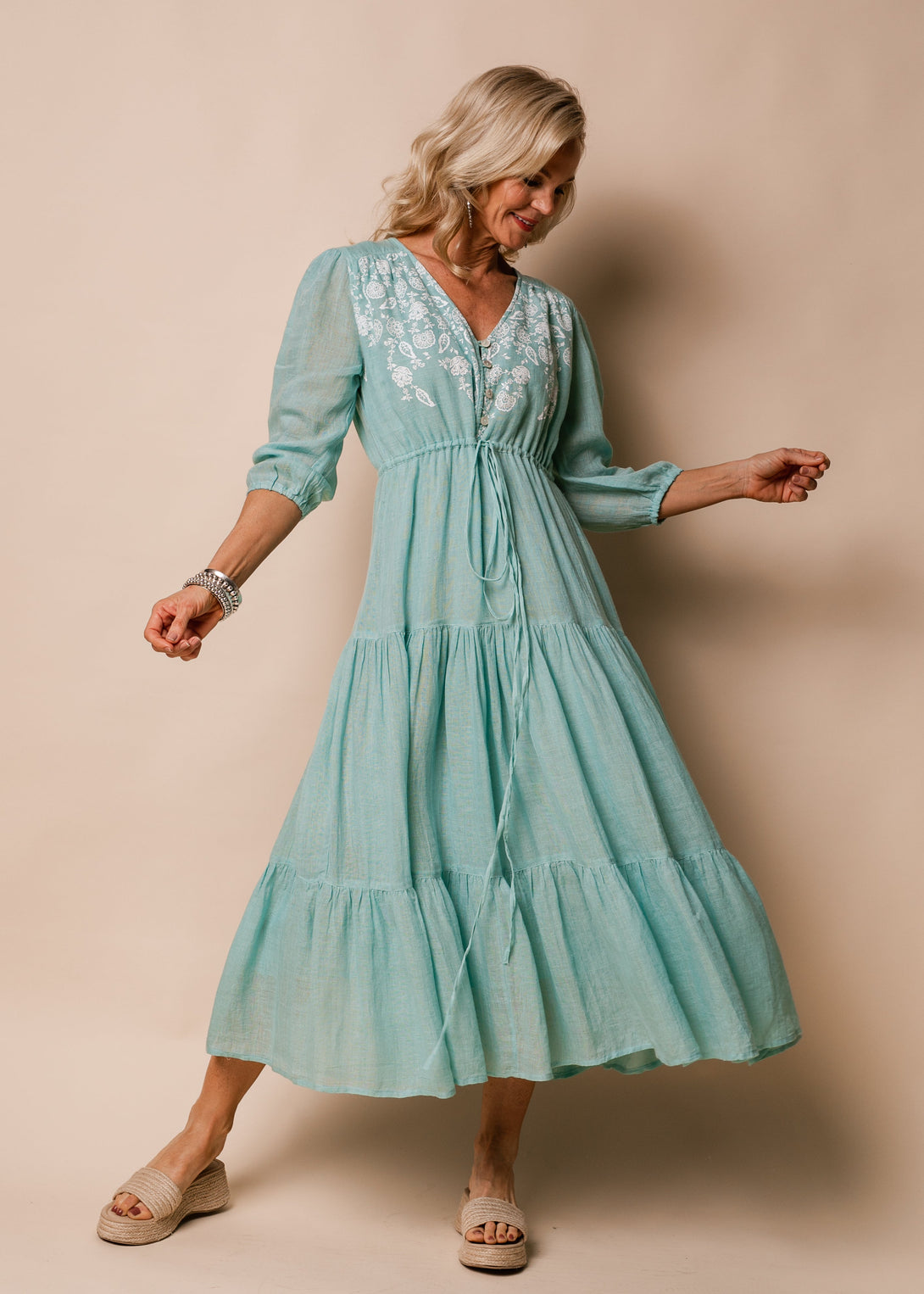 Danica Linen Dress in Aqua Mist