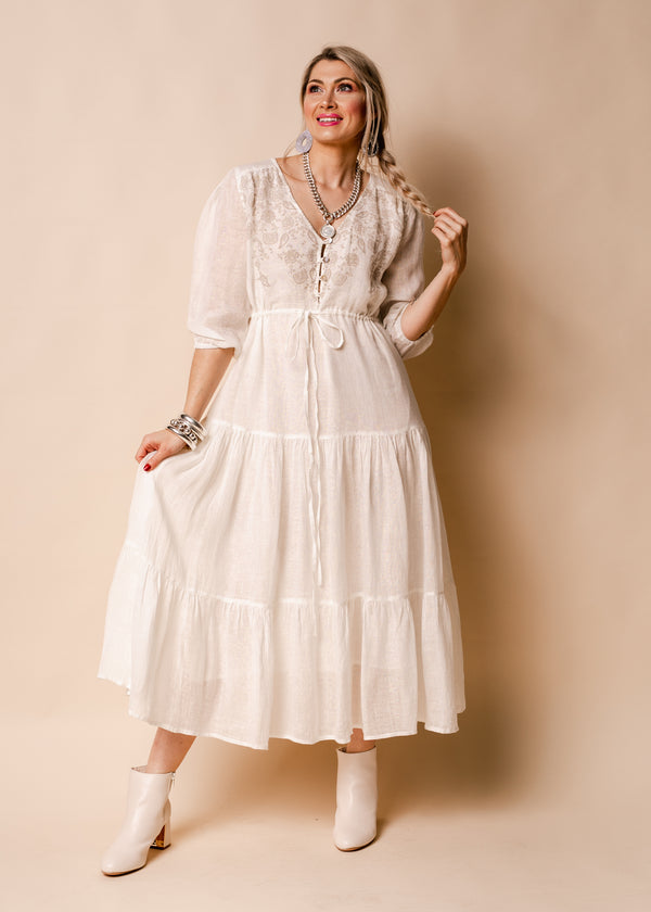 Danica Linen Dress in Cream - Imagine Fashion