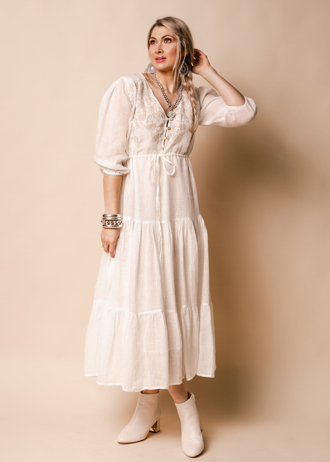 Danica Linen Dress in Cream - Imagine Fashion
