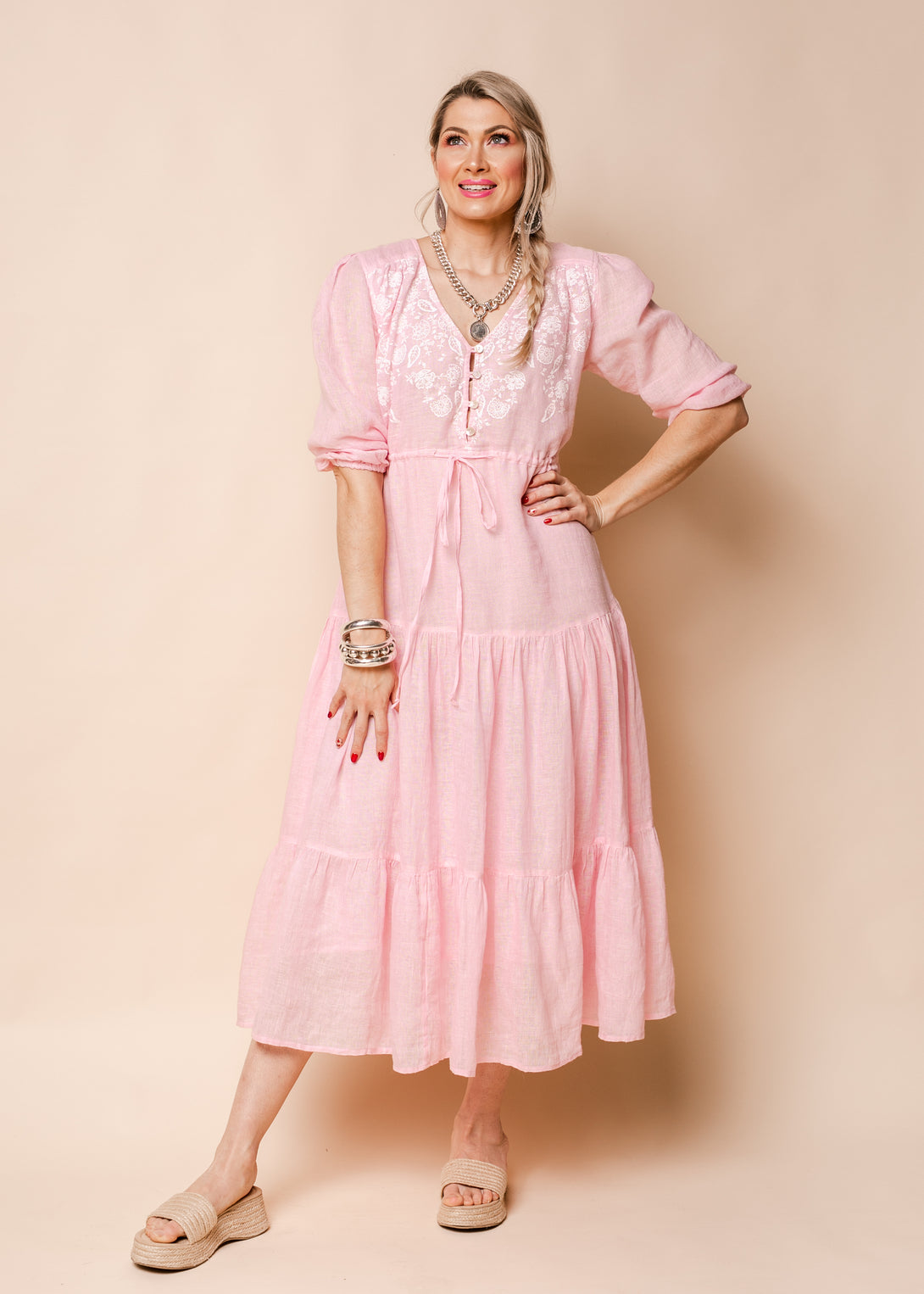 Danica Linen Dress in Blush - Imagine Fashion