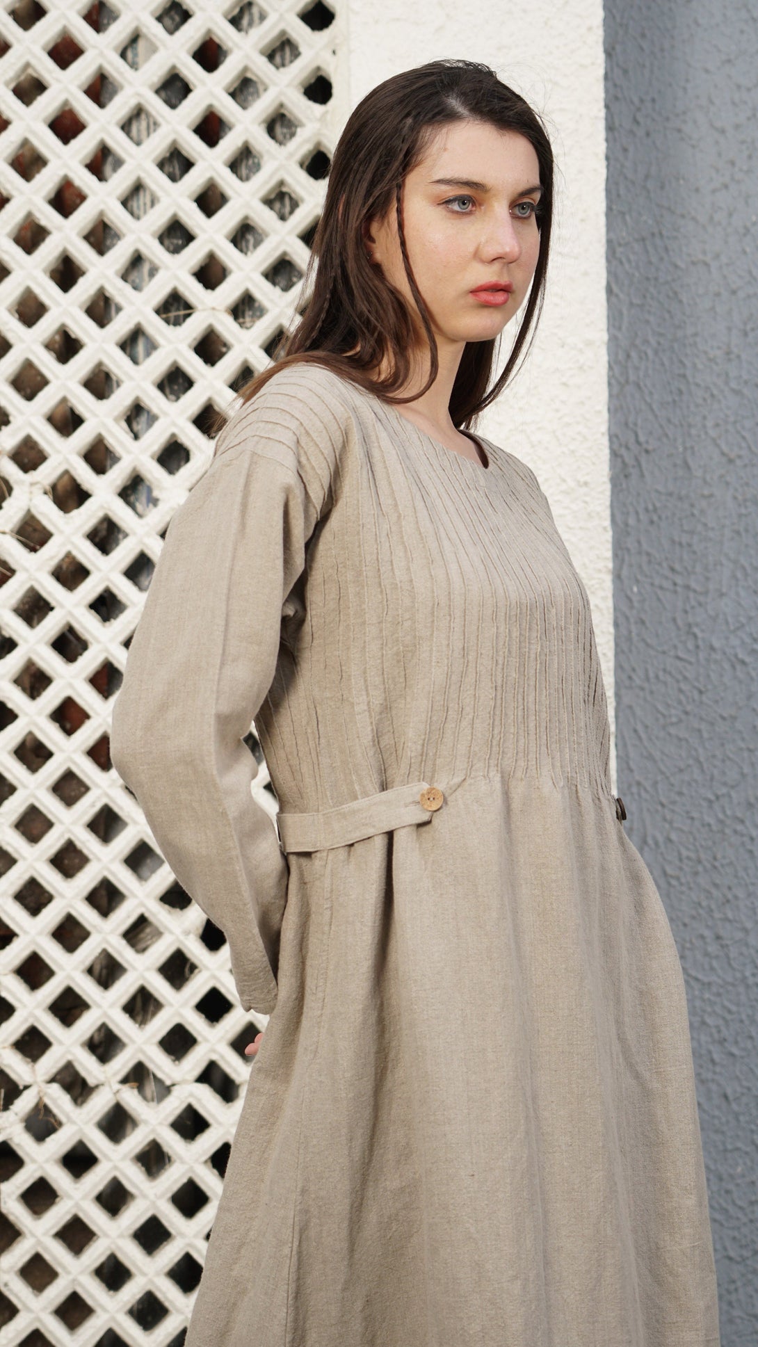 Belinda Linen Blend Dress in Latte