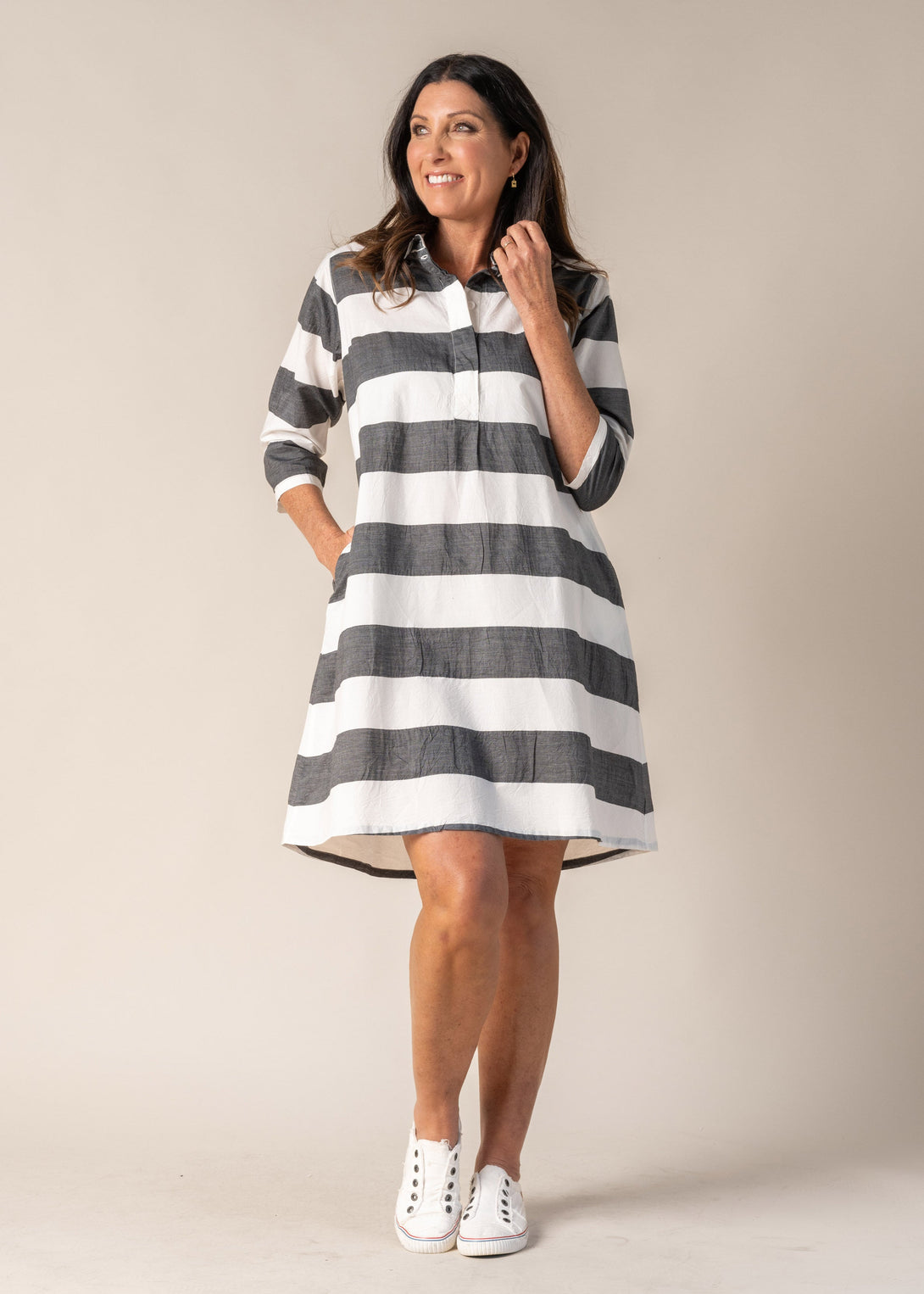 Genevieve Cotton Dress in Granite Stripe