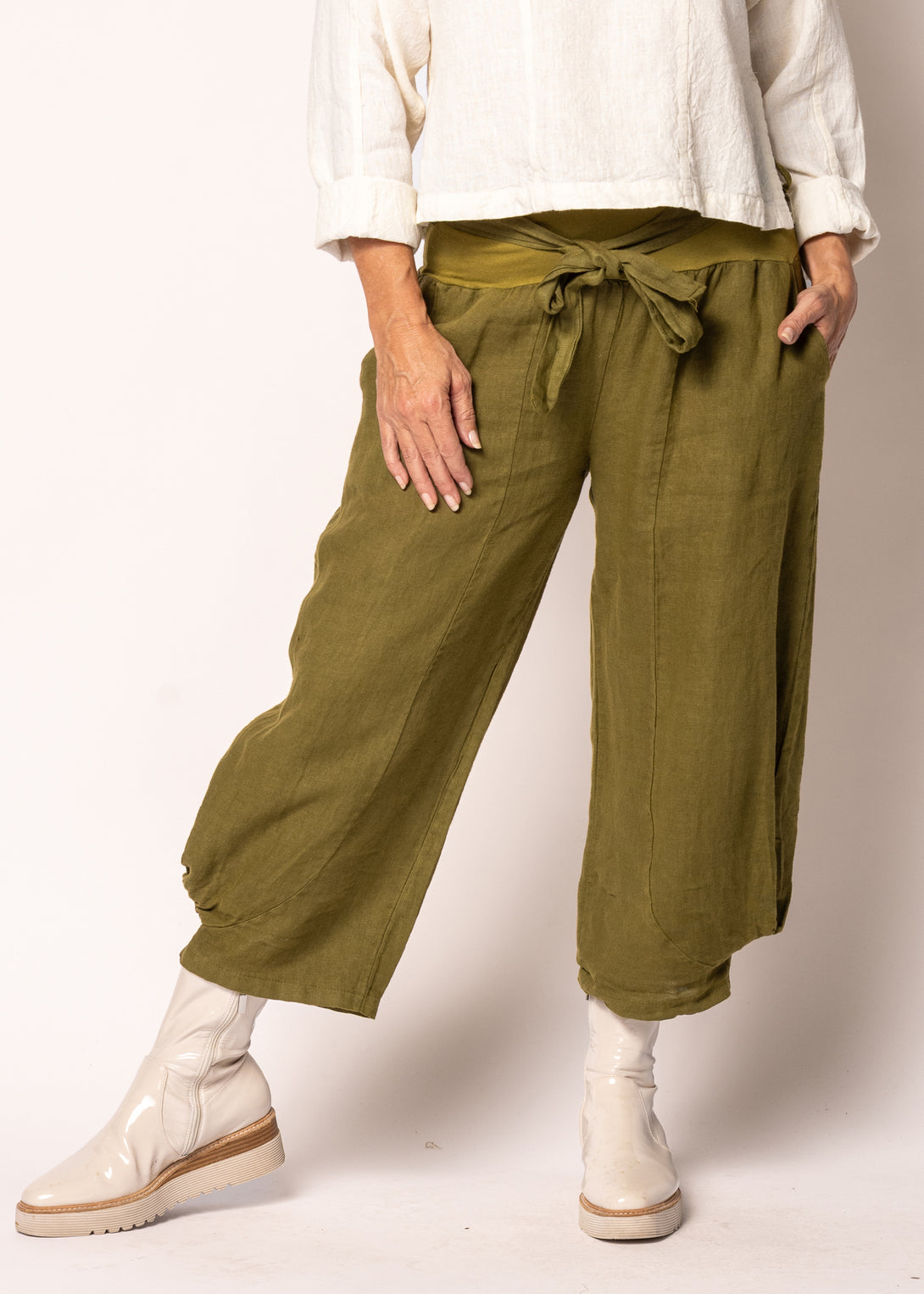 Addison Linen Pant in Green Olive - Imagine Fashion