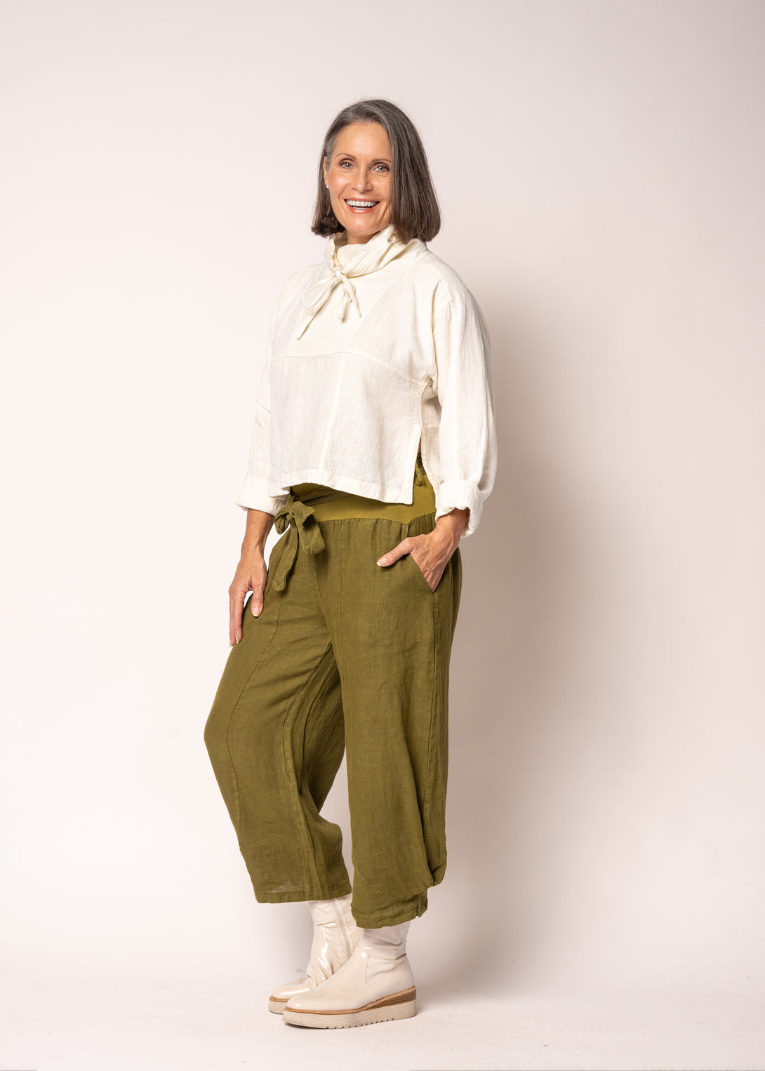Addison Linen Pant in Green Olive - Imagine Fashion