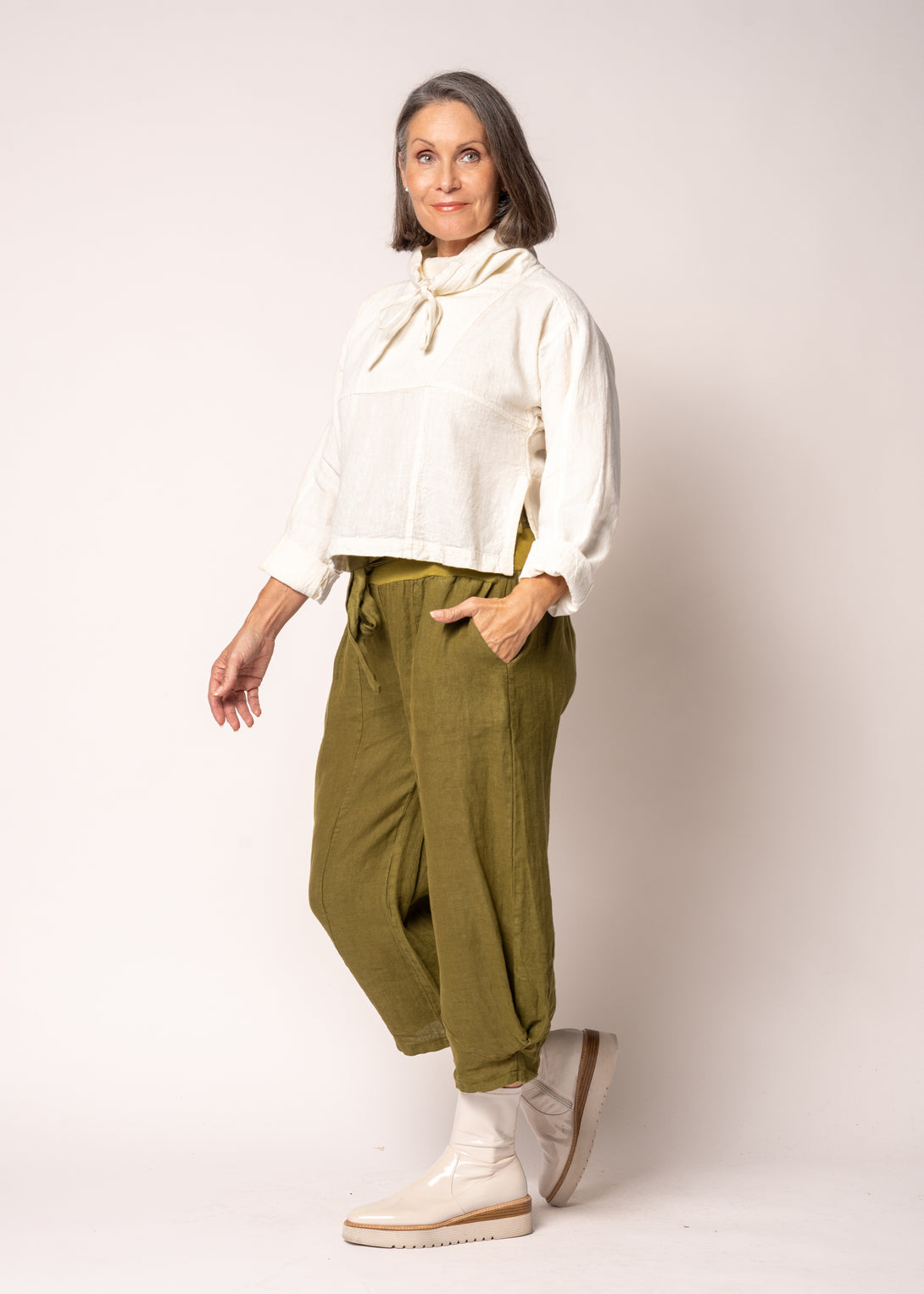 Addison Linen Pant in Green Olive - Imagine Fashion