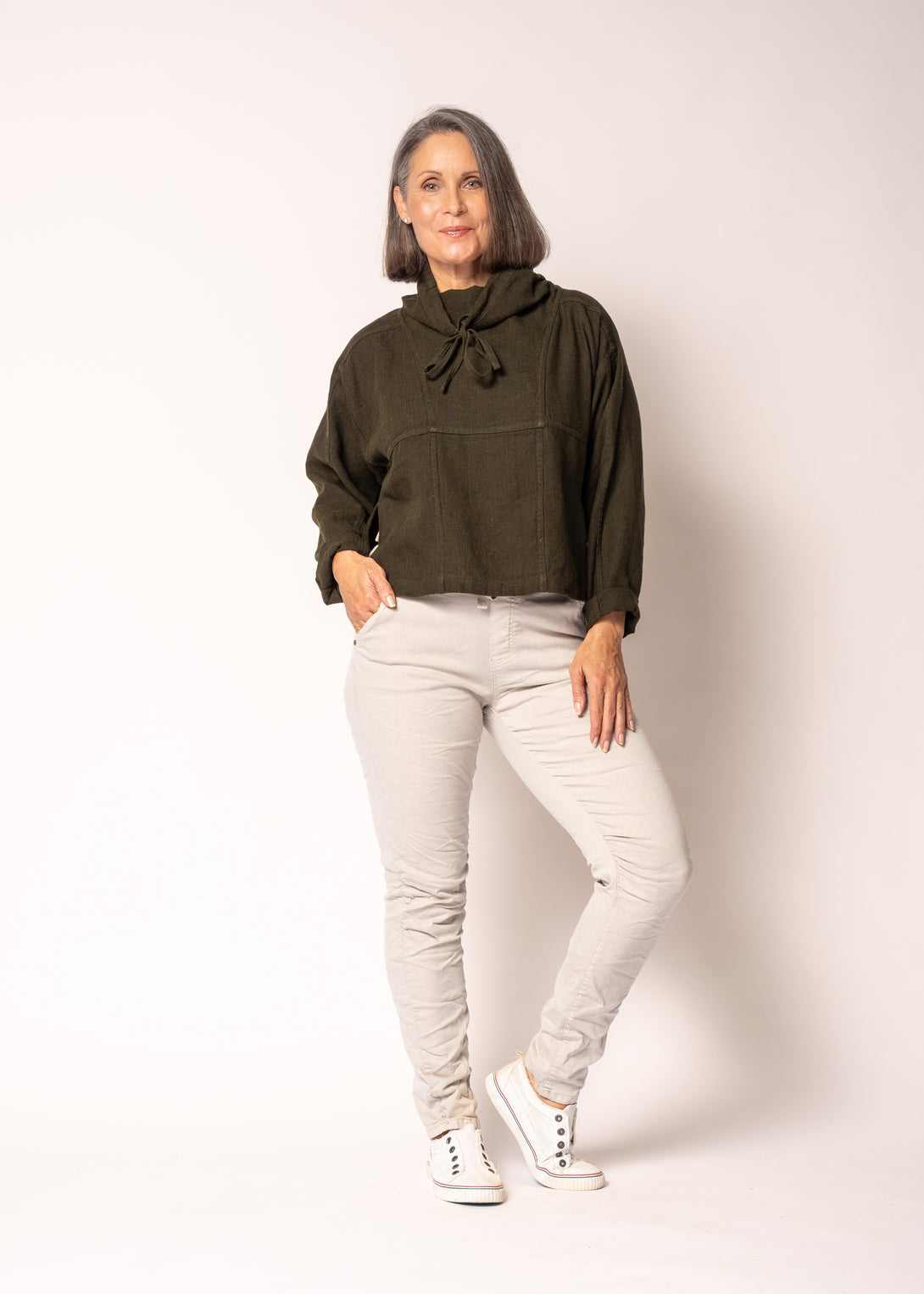 Penrose Linen Top in Khaki - Imagine Fashion