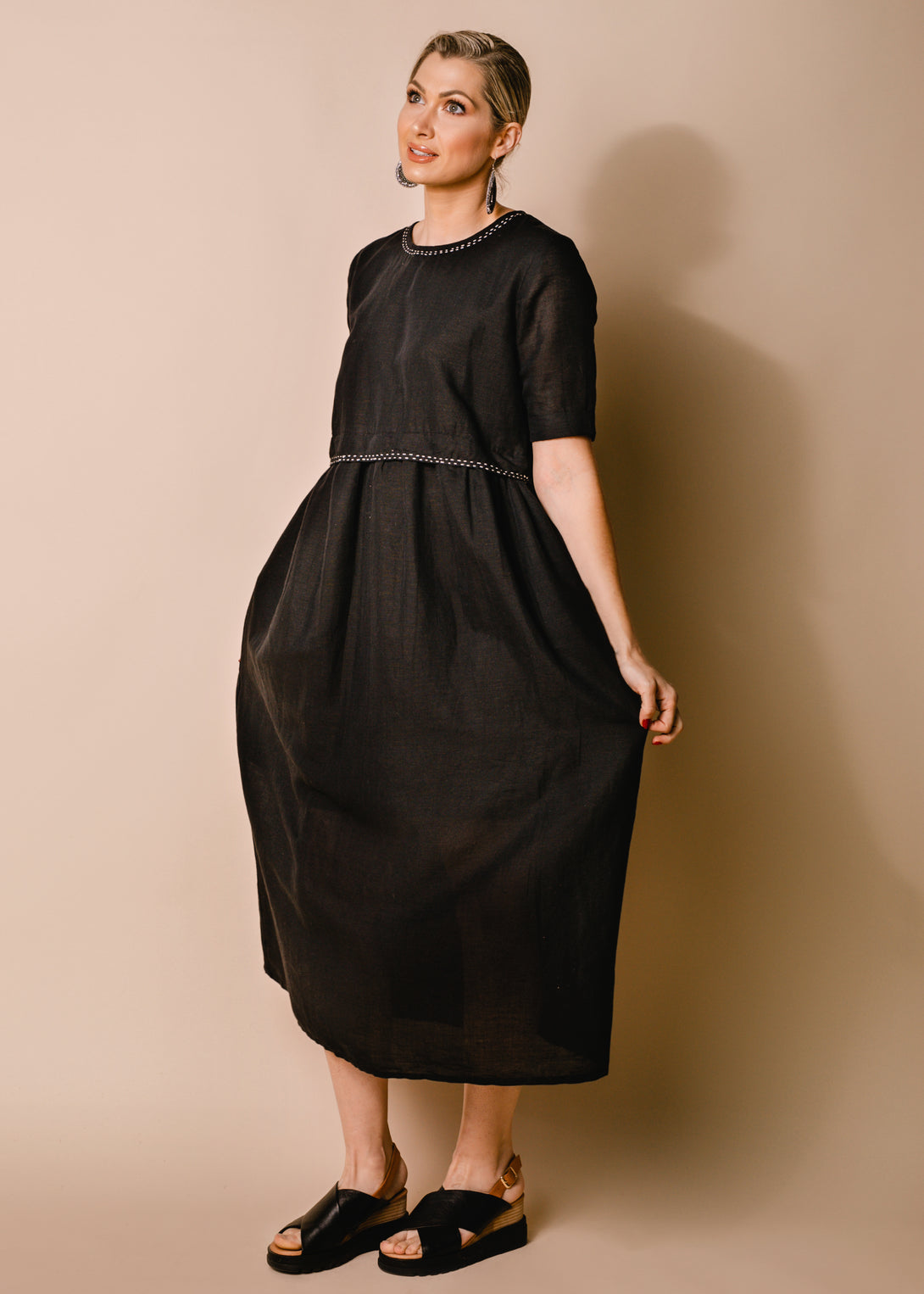 Mackenzie Linen Blend Dress in Onyx - Imagine Fashion
