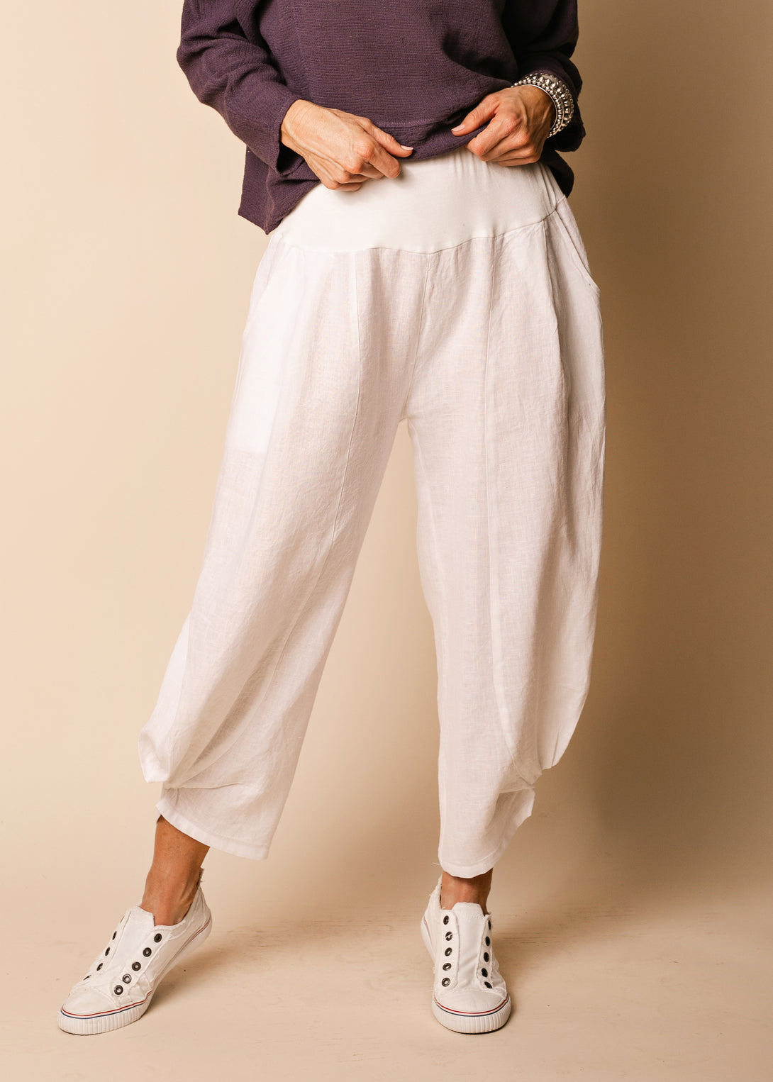 Amaka Linen  Pants Full Length in White - Imagine Fashion