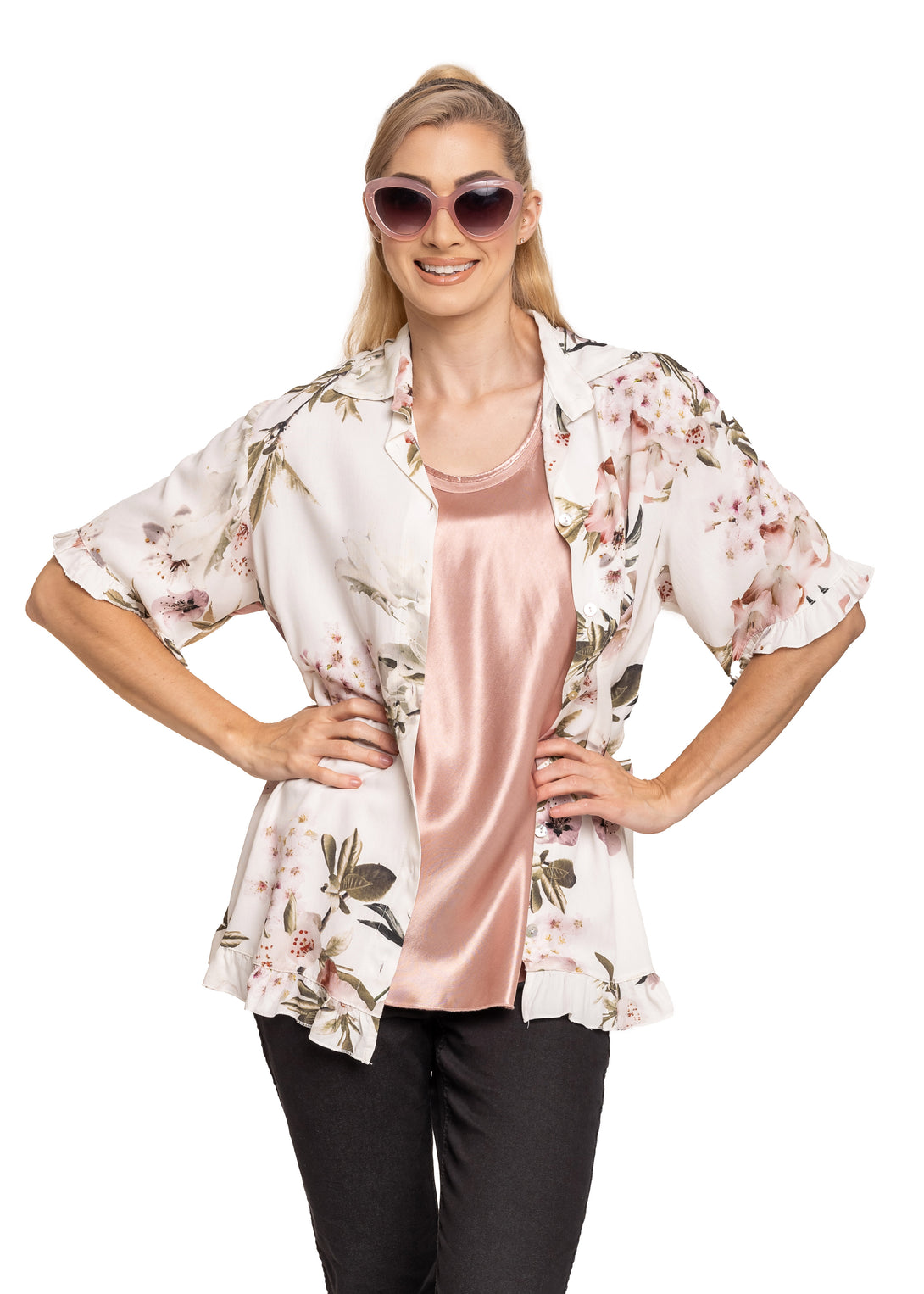 Floral Print Adira Top elbow length sleeve ending in a frill and buttons down the front.